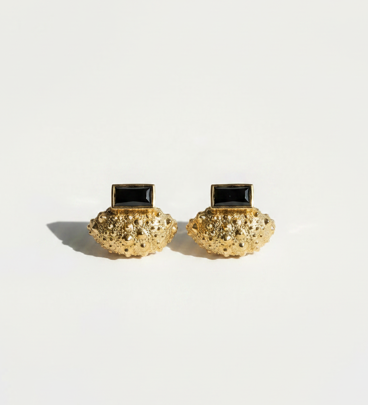 Ceto sea urchin ear jacket set with black spinel post in 18k gold vermeil, handmade by Kefi jewelry