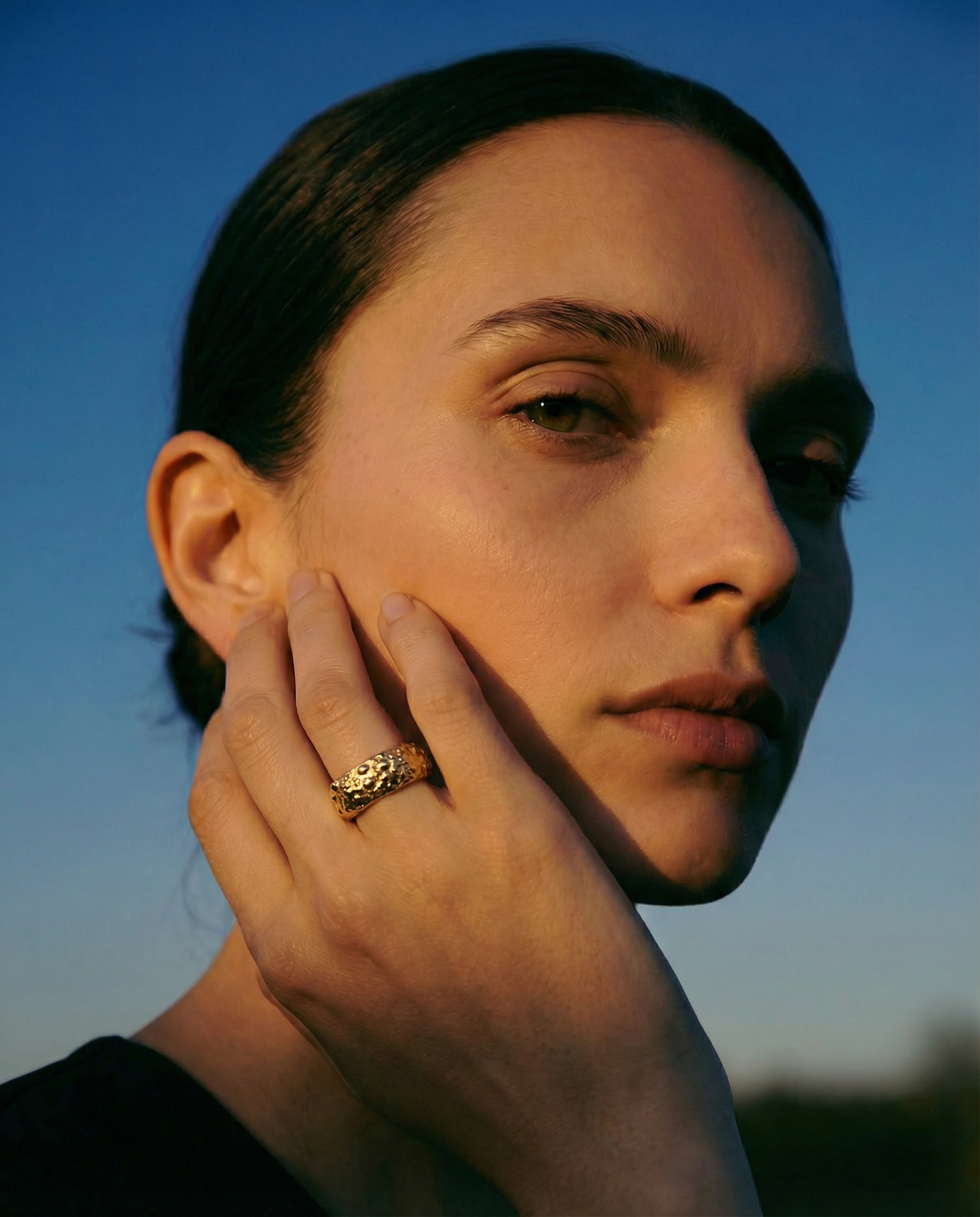 Model wearing Galene Urchin Ring in gold vermeil, showcasing preserved sea urchin shell and sculptural presence