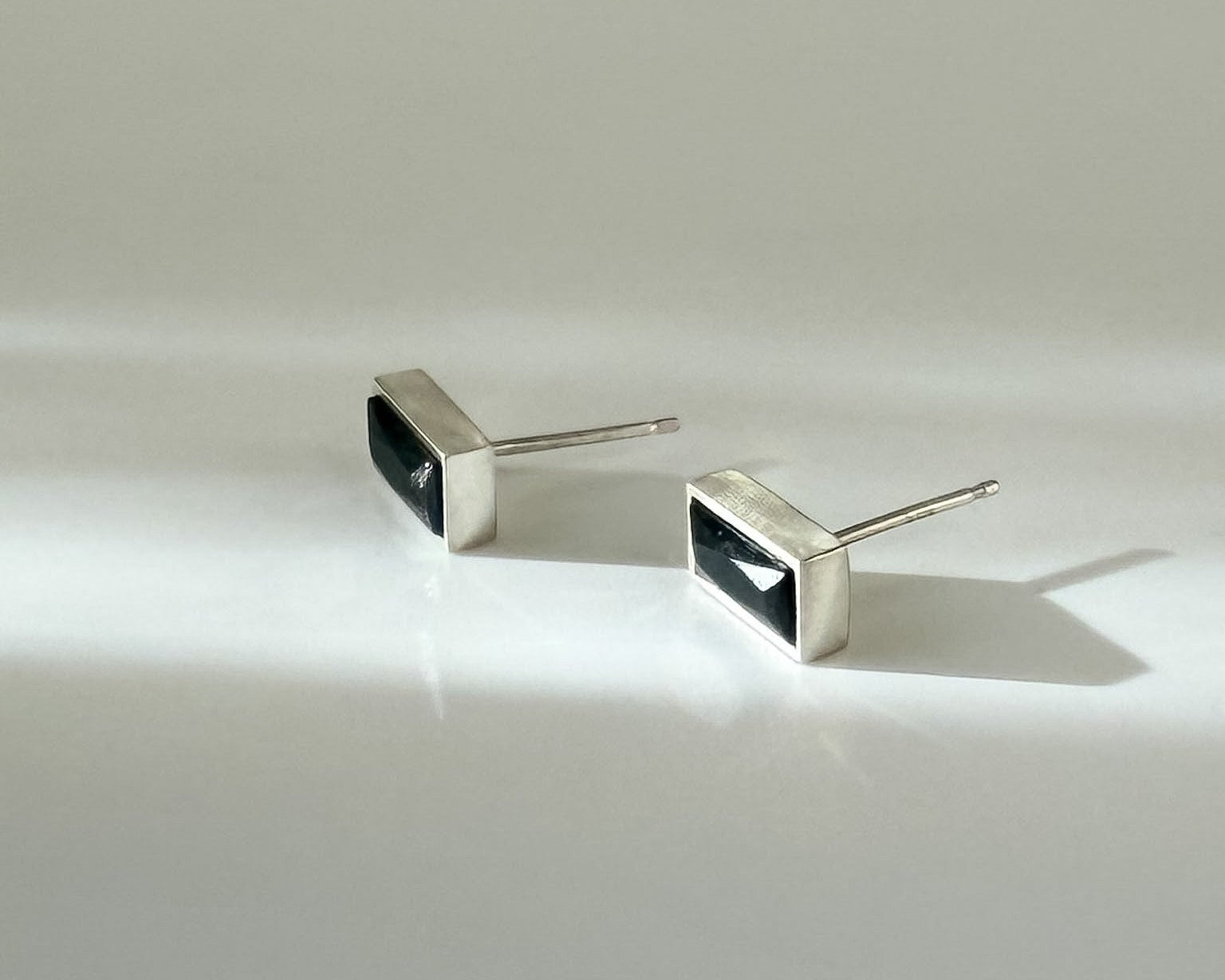 Spinel Post Earring in sterling silver with rectangular black spinel stone by Kefi