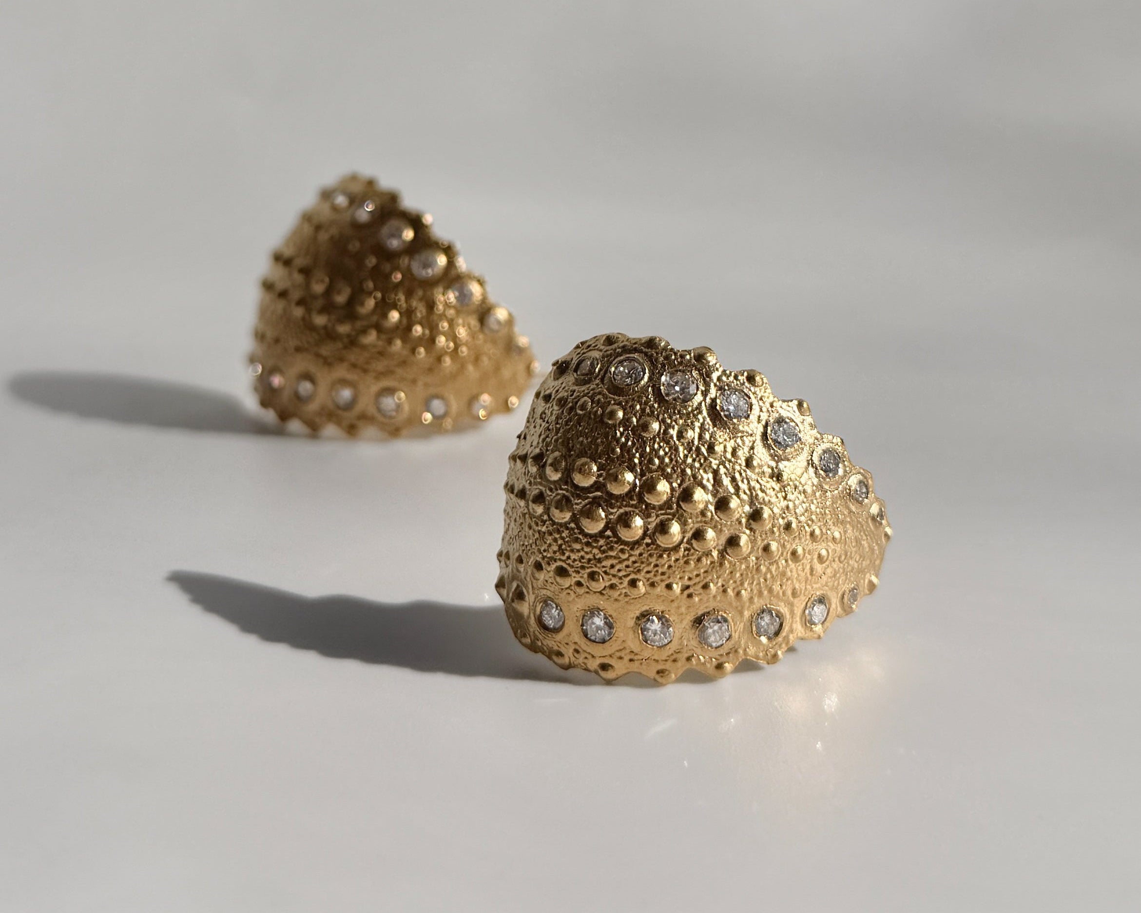 Urchin Hoop Earrings in gold vermeil with diamonds, preserved sea urchin shell texture and classic hoop silhouette by Kefi